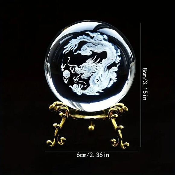 Chinese Dragon Crystal Glass Ball - Auspicious Home Decor, Metal Stand Included - Picture 2 of 2